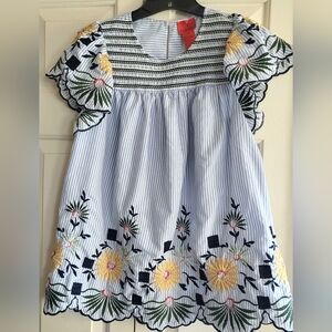 V Christina Blue & White Striped Top w/Embroidered Floral Accents